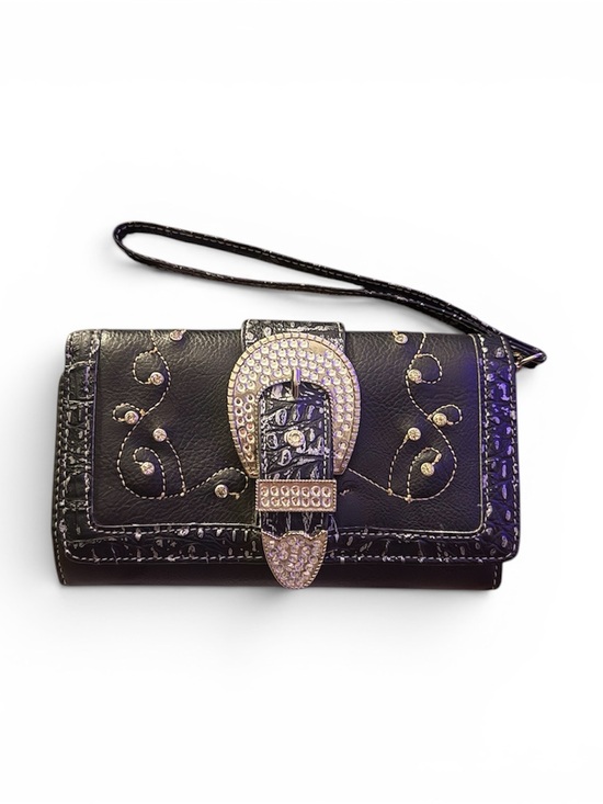 Handbags - Embellished Black Wristlet Clutch with Rhinestone Buckle